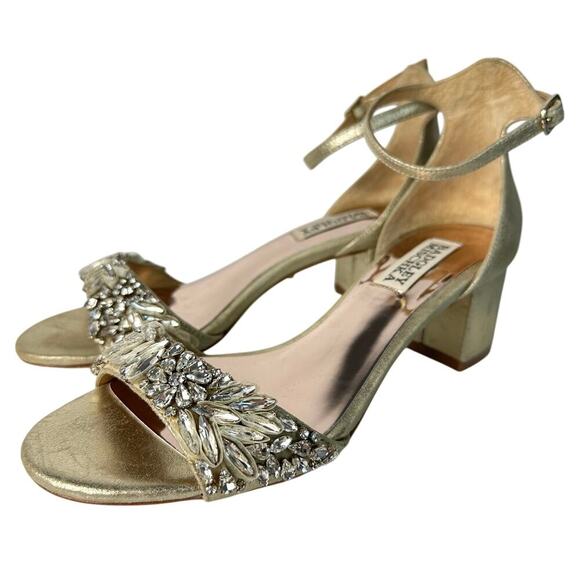 Badgley Mischka Heels Tamara Block Evening Sandals Crystal Embellished Gold 6 - Picture 1 of 11